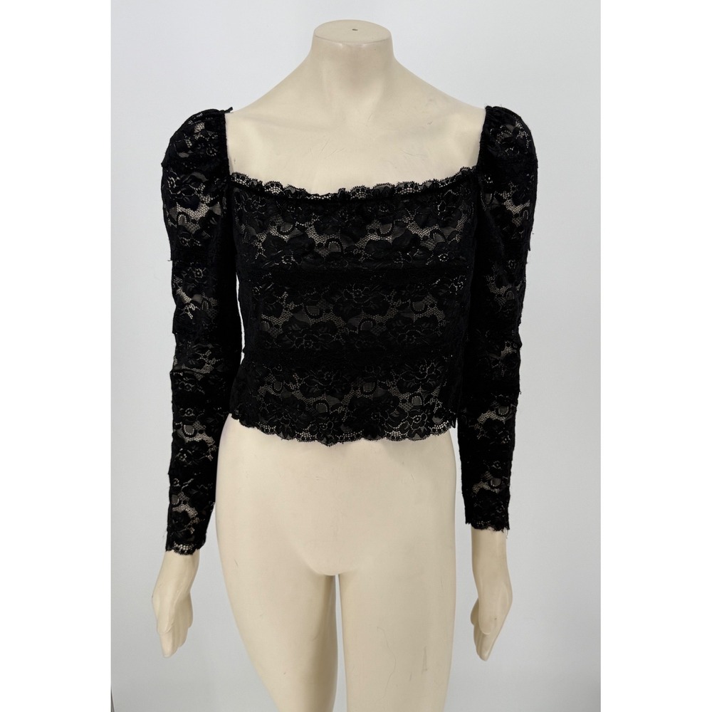 GUESS Women's L Black Lace Crop Top Long Sleeve Square Neck Romantic Goth Y2K